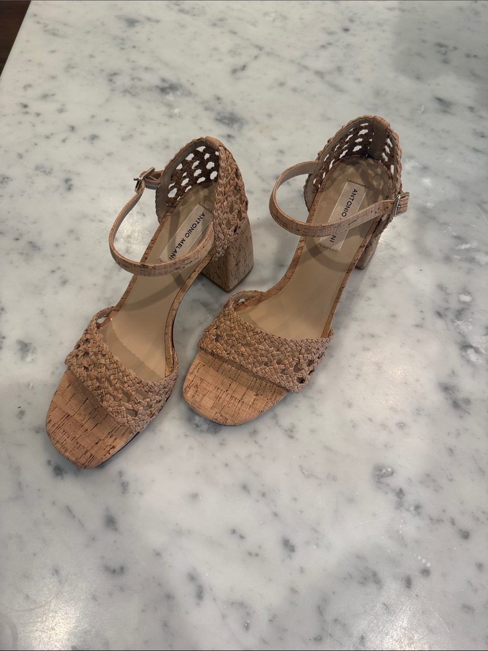 ANTONIO MELANI Tan Woven Cork Block Heel Sandals